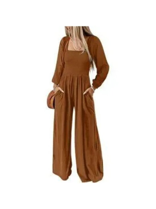 Pants - Women's Casual Loose Overall Jumpsuit Wide Leg Romper With Pocket, Coffee